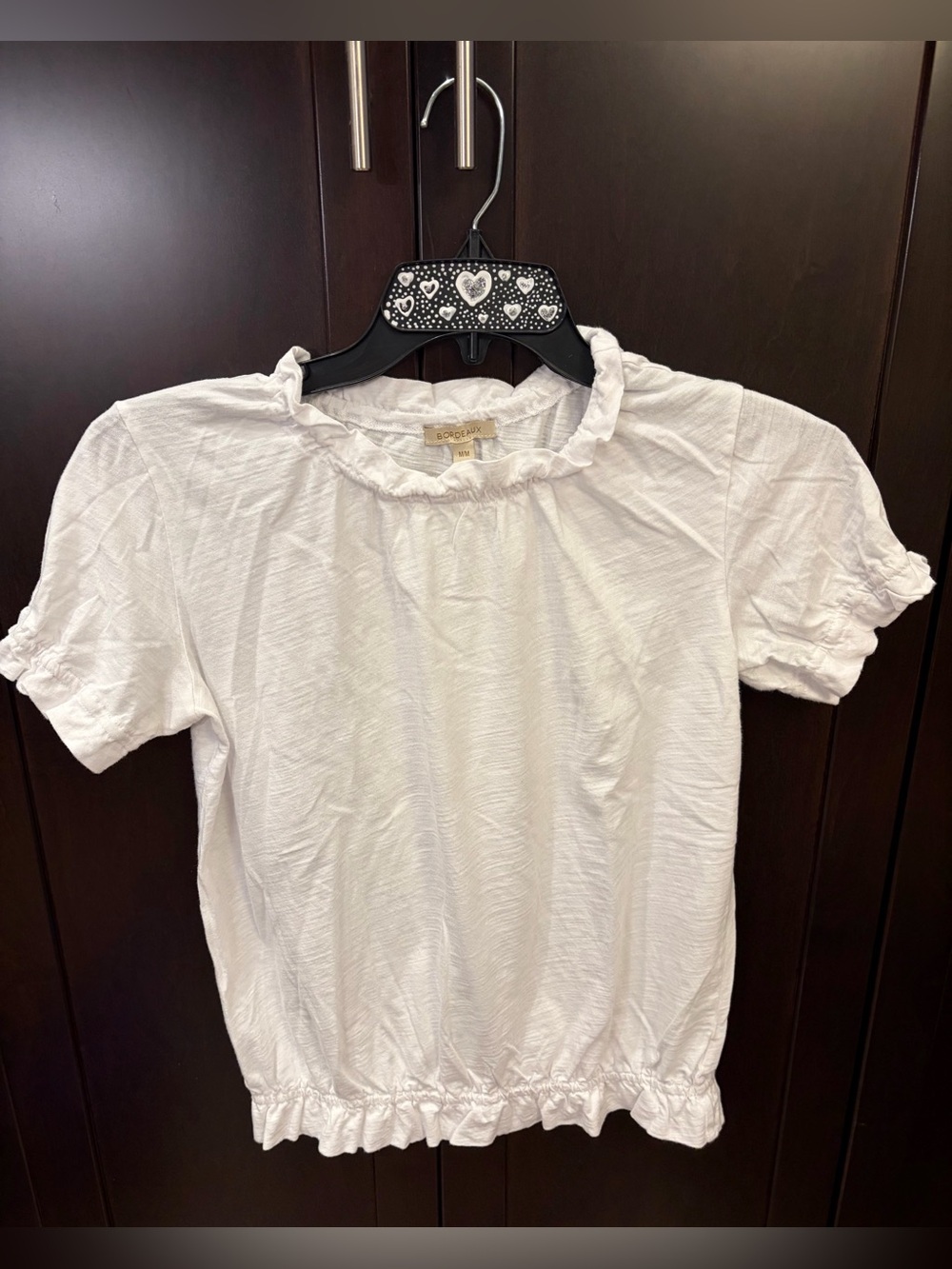 Bordeaux White Ruffle-Neck Short Sleeve Top